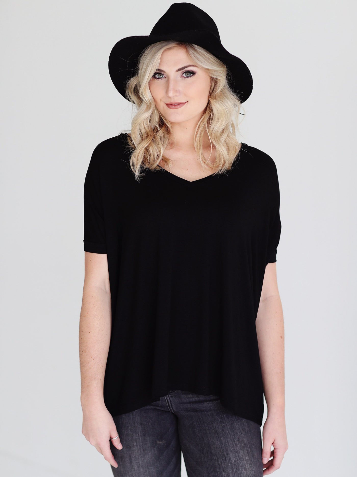 Black V-Neck Short Sleeve Top