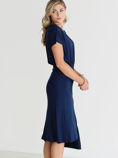 Navy DLMN Ruched Side Midi Dress